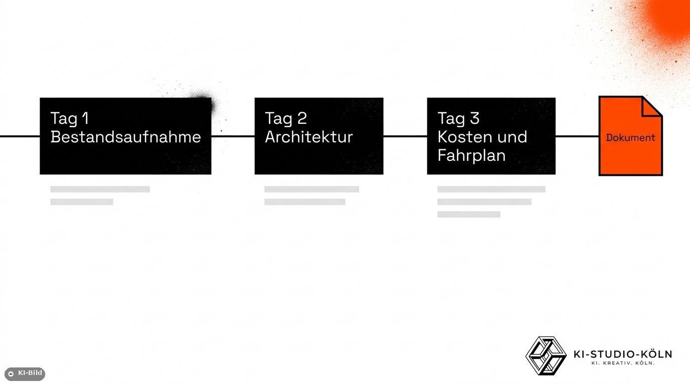 Schaubild: Zeitleiste mit Tag 1 Bestandsaufnahme, Tag 2 Architektur, Tag 3 Kosten und Fahrplan, am Ende ein Dokument